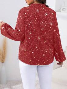 SHEIN Clasi Kích thước lớn In Sao Long lanh Vá lại Cổ áo có khía Áo sơ mi - Màu Đỏ Sâu - Xem 2