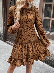 Chiquease Women'S Polka Dot Print Dress With Knot Tie Neck, Lantern Sleeve And Ruffle Hem