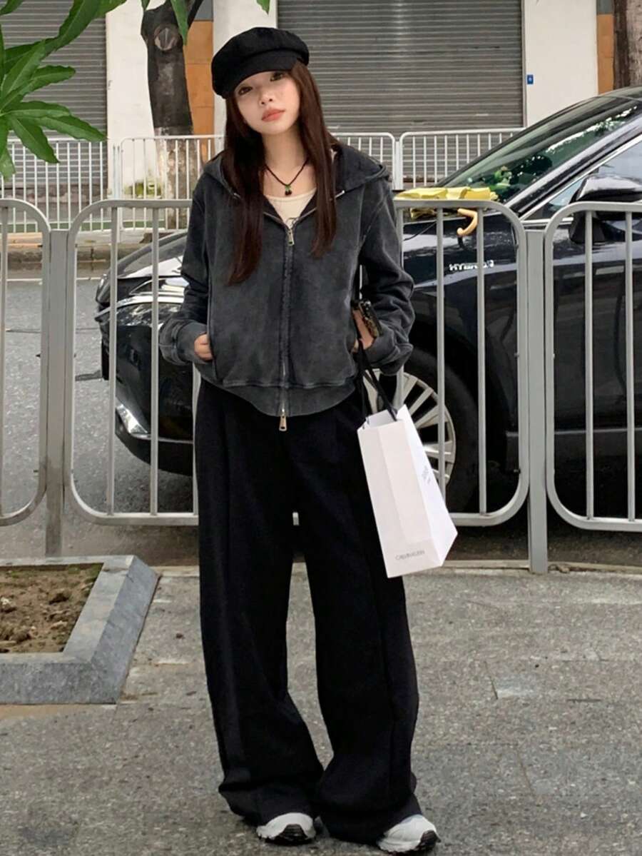 女深灰色水洗仿舊連帽運動衫夾克 - 深灰色 - 查看 1