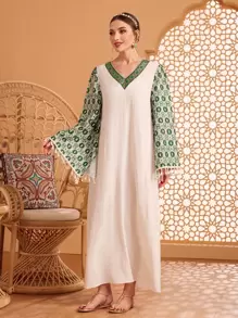 Al Najma 女士v領花邊修飾顏色積木休閒裙,飄逸袖子 - 白色 - 查看 4