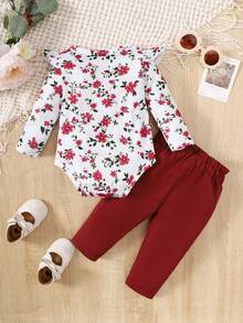 寶寶女孩時尚可愛的數字印花連身褲裝,有褶邊和長褲 - 紅白色 - 查看 2