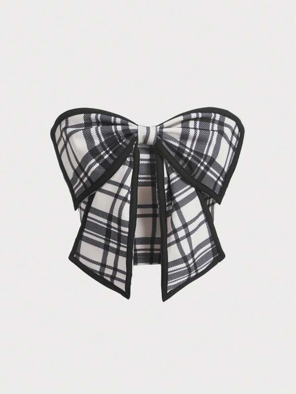 SHEIN MOD Grid Pattern Strapless Top With Bow Decoration
