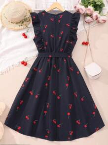 Teenage Girls' Cherry Print Navy Blue Belted Dress