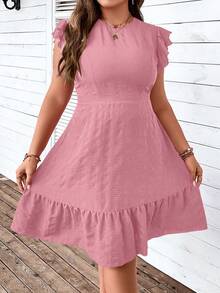 SHEIN LUNE 女裝大碼純色圓領荷葉邊裝飾連衣裙 - 粉色 - 查看 6