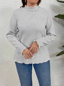 EMERY ROSE Tricou cu dungi cu tiv cu salată verde - Alb-negru - Vizualizare 4