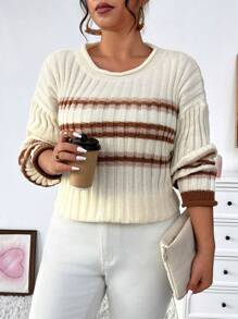 SHEIN Unity Plus Size Striped Drop Shoulder Sweater Knit Pullover Fall Winter Sweater - Multicolor - View 5