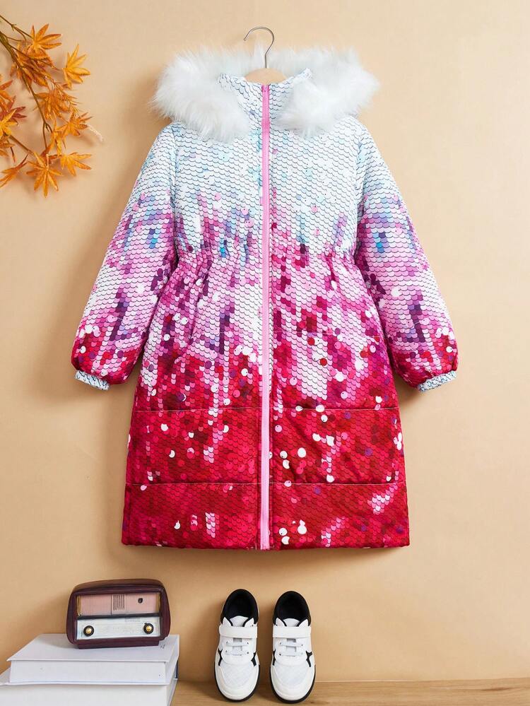 Tween Girl Sequin Effect Drop Shoulder Fuzzy Trim Hooded Padded Coat