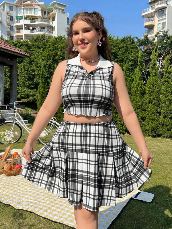SHEIN MOD Conjunto De Chaleco Con Cuello De Cuadros Y Falda Plisada De Talla Grande Para Mujer