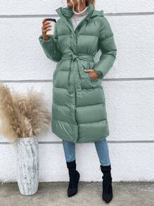 SHEIN LUNE 拉链闭合连帽加厚棉服外套衣服冬季带腰带 - 薄荷綠 - 查看 6