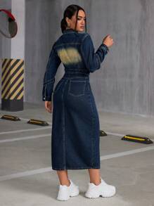 SHEIN ICON 復古褪色長袖牛仔裙 - 深色水洗藍 - 查看 2