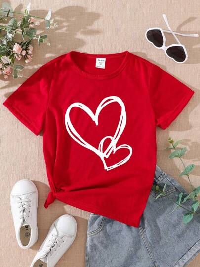 SHEIN Young Girl Heart Printed Short Sleeve T-Shirt Style Hit  Summer Tops Summer Holiday