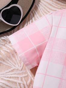 SHEIN Little Girls' Casual Plaid Shirt, White Knit T-Shirt And Shorts 3pcs Set For Spring/Summer - Multicolor - View 5
