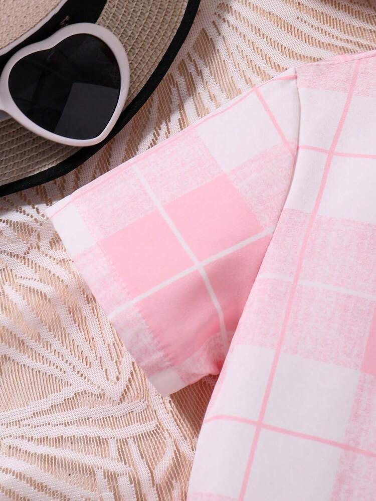 Little Girls' Casual Plaid Shirt, White Knit T-Shirt And Shorts 3pcs Set For Spring/Summer