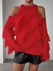 SHEIN LUNE Suéter feminino de tricô com ombros à mostra e franjas. Ideal para outono e inverno. - Vermelho - Ver 4