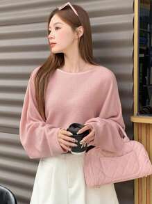 DAZY 純色寬鬆彈性長袖短版毛衣 - 粉色 - 查看 4