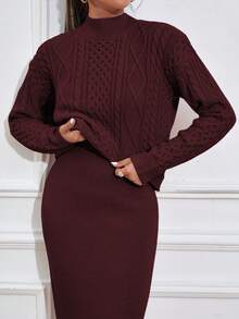 Mulvari Burgundy Red Women's Cable Knit Sweater And Knitted Skirt Two Pieces Set - Burgundy - View 3