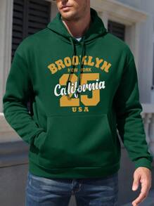 Men'S Hooded Sweatshirt With Kangaroo Pocket And Letter Print Design - Green - View 1
