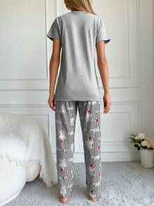 RueChic 女用字母卡通貓印花短袖上衣條紋長褲睡衣套裝帶眼罩 - 灰色 - 查看 2