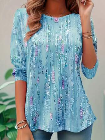 Women's Geometric Print Round Neck Casual Loose Long Sleeve T-Shirt