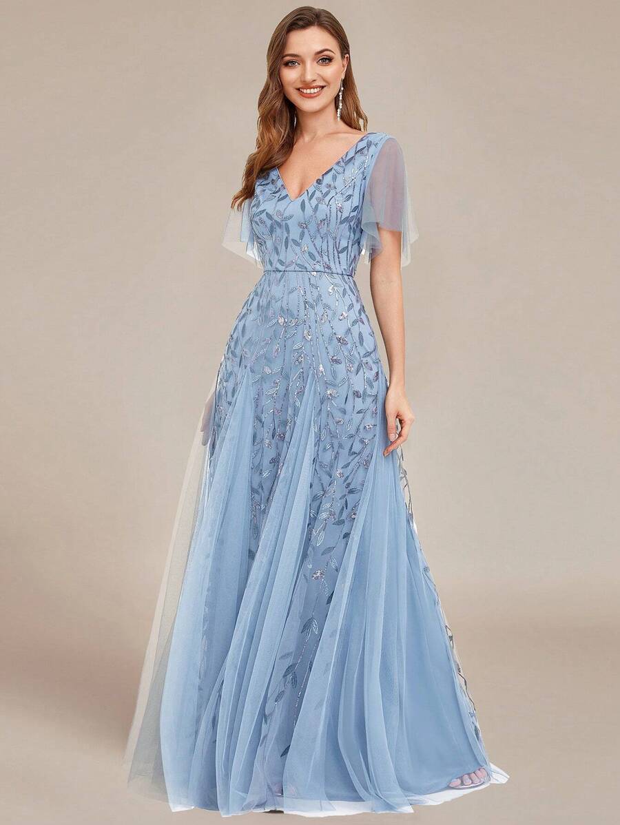 EVERPRETTY Váy dạ hội sequin tay bướm thanh lịch - Màu xanh nhạt - Xem 1