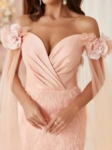 SHEIN Belle Manches Épaules Dénudées, Croix Sur La Poitrine, Sangle Arrière, Embellissement Floral 3d, Tissu Tulle Orné De Satin, Ourlet Fendu, Petit Train, Robe De Soirée - Vieux Rose - Voir 9