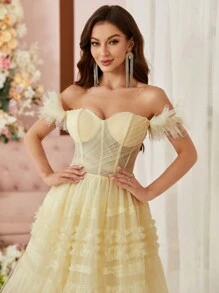 SHEIN Belle Off The Shoulder Back-Tied Cocktail Party Dress Vintage - Yellow - View 8