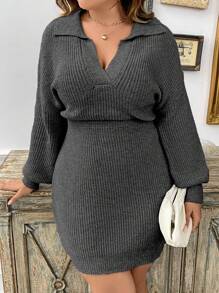 大尺碼純色高領毛衣連衣裙 - 深灰色 - 查看 5