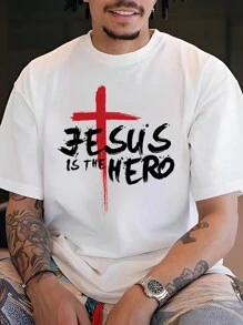 Manfinity LEGND 男士加大圓領t恤,印有口號和十字印花 - 白色 - 查看 1