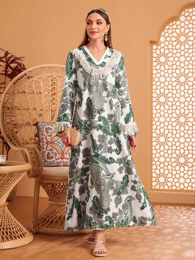 Paisley Print Fringe V-Neck Dress