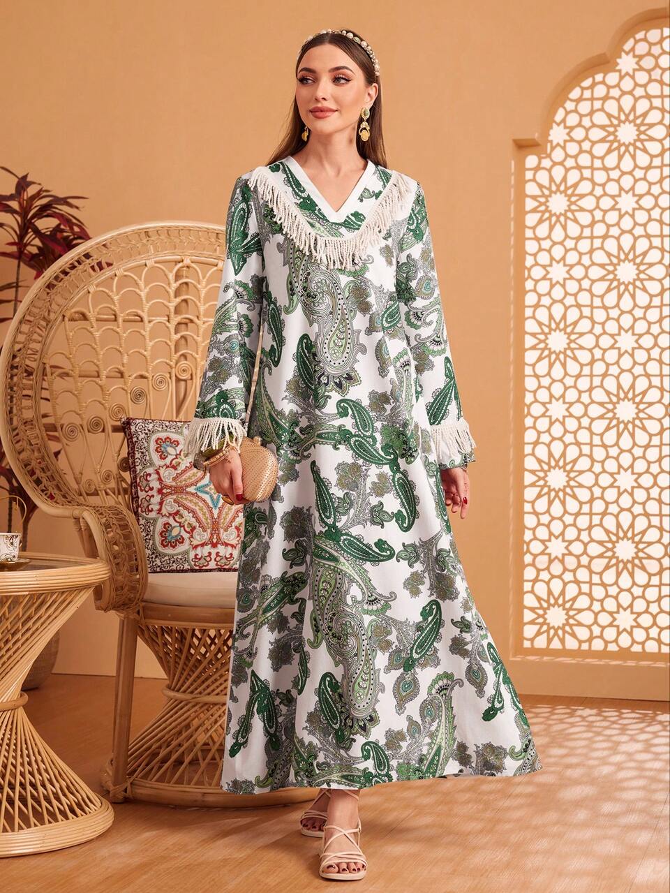 Paisley Print Fringe V-Neck Dress