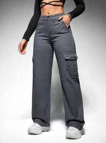 SHEIN ICON Women's Loose Fit Denim Jeans With Flap Side Pockets - Dark Grey - View 4