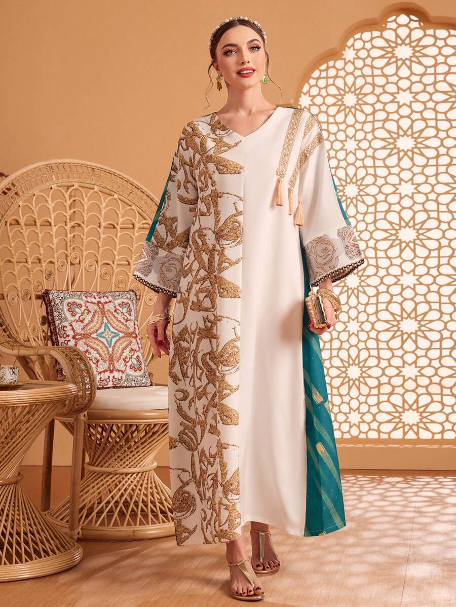 Al Najma 女士时尚优雅随机花卉印花 V 领长袖阿拉伯风格连衣裙，朴素的卡夫坦