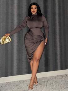 SHEIN Slayr Plus Size Long Sleeve Asymmetrical Hem Dress - Coffee Brown - View 2