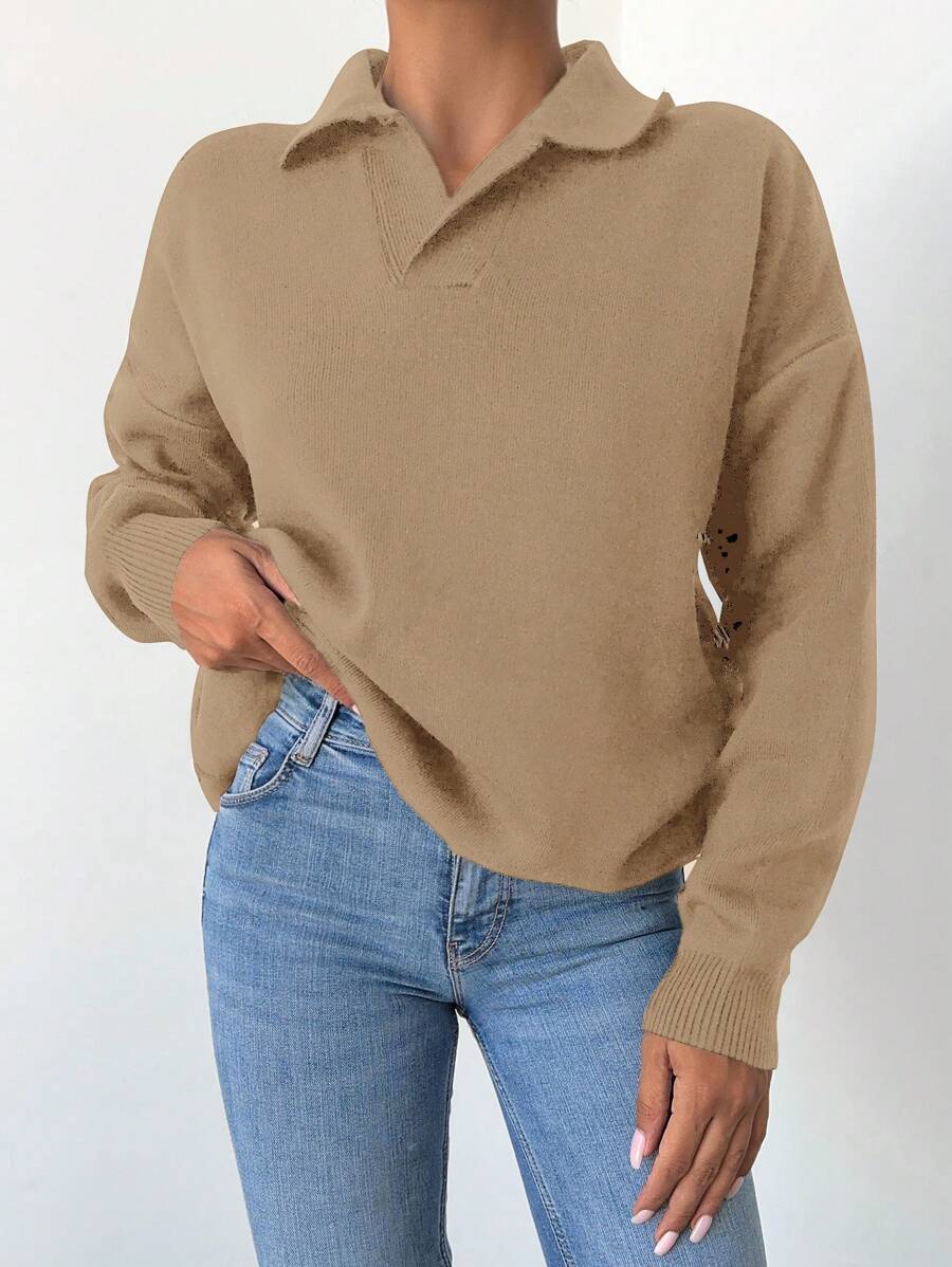 Cloudara Solid Drop Shoulder Sweater - Camel - View 1