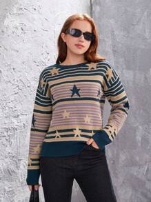 Teen Girls' Striped & Star Pattern Drop Shoulder Sweater - Royal Blue - View 1