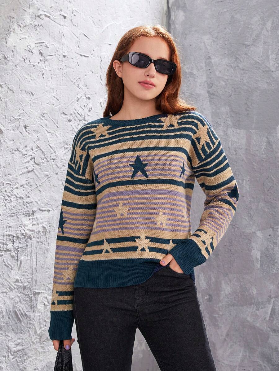 Teen Girls' Striped & Star Pattern Drop Shoulder Sweater - Royal Blue - View 1