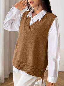 SHEIN EZwear Quý cô Màu thuần Dệt kim Áo vest - Cà phê nâu - Xem 1