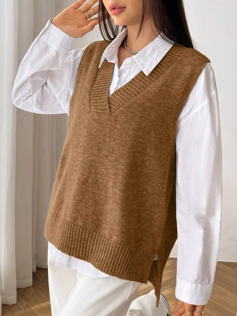 SHEIN EZwear Quý cô Màu thuần Dệt kim Áo vest - Cà phê nâu - Xem 1