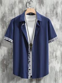 Manfinity Homme Men's Casual Graphic Short Sleeve Collar Shirt, For Going Out - Navy Blue - View 3