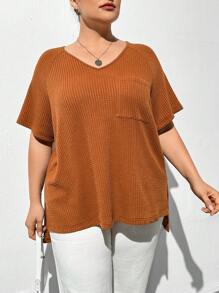 SHEIN Essnce 女士加大號休閒寬鬆v領短袖分裂t卹,適用於春/夏 - 棕色 - 查看 5