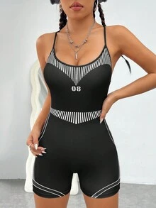 SHEIN Coolane 机车风撞色条纹无袖连身裤 - 黑色 - 查看 4
