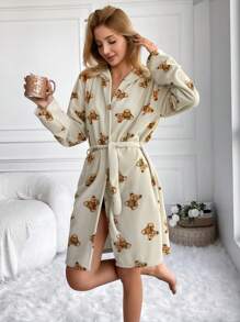 RueChic Women's Hooded Belted Home Wear Robe With Teddy Bear Print - Multicolor - View 1