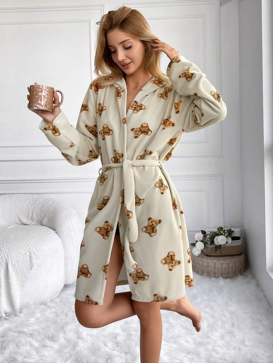 RueChic Women's Hooded Belted Home Wear Robe With Teddy Bear Print - Multicolor - View 1