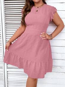 SHEIN LUNE 女裝大碼純色圓領荷葉邊裝飾連衣裙 - 粉色 - 查看 5