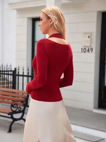 Suéter De Punto De Ajuste Delgado Diseñado Para Mujeres - Rojo - Ver 2