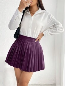 SHEIN PETITE 女式純色百褶迷你裙 - 紫色 - 查看 6