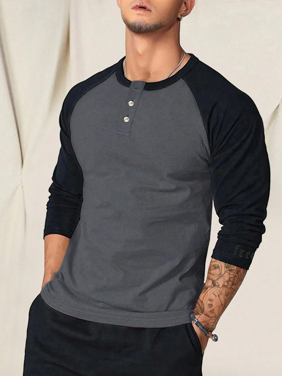 Manfinity Homme Men Colorblock Raglan Sleeve Henley Tee,Fall