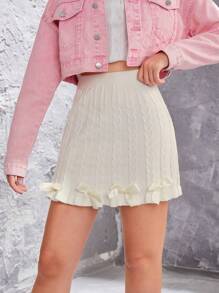 Teen Girls' Ribbon Bowknot Decor Knitted Skirt With Sweet College Style, All-match - White - View 1
