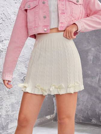 Teen Girls' Ribbon Bowknot Decor Knitted Skirt With Sweet College Style, All-match