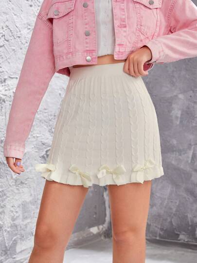 Teen Girls' Ribbon Bowknot Decor Knitted Skirt With Sweet College Style, All-match
